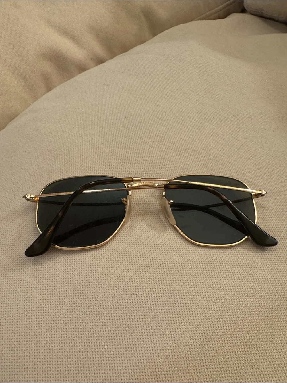 Ray-Ban Gold Frame Sunglasses with Blue Lenses and Black Tips